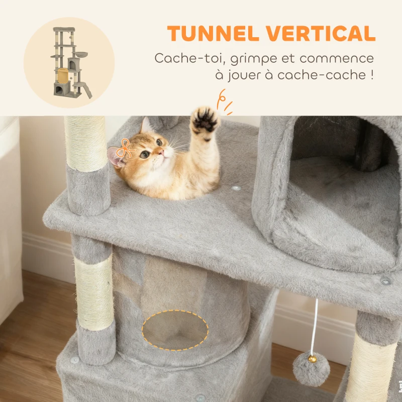 PawHut Arbre à chat tour de jeux 7 poteaux à griffer 3 platesformes 2 niches tunnel hamac et 2 pompons 170 cm gris foncé