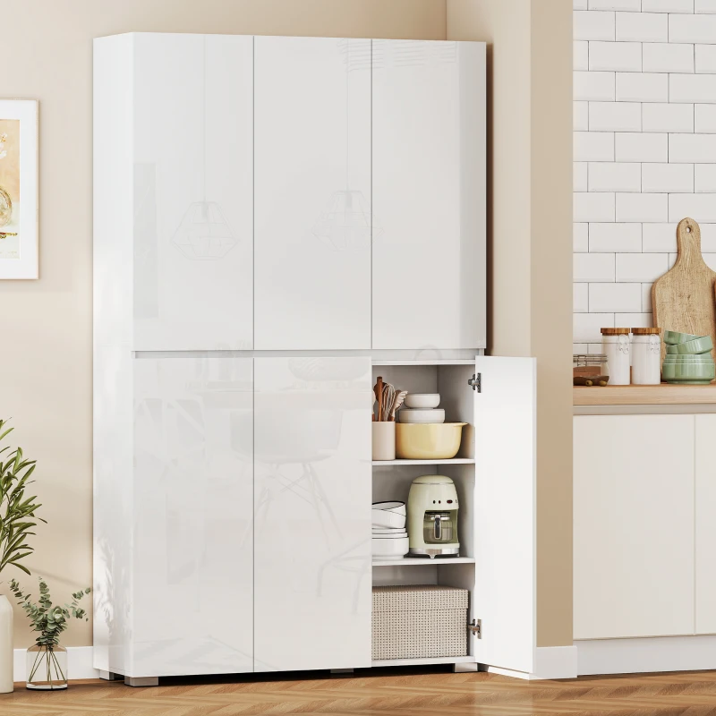 HOMCOM Buffet haut cuisine armoire de cuisine à haute brillance 6 portes à fermeture douce étagères réglables blanc