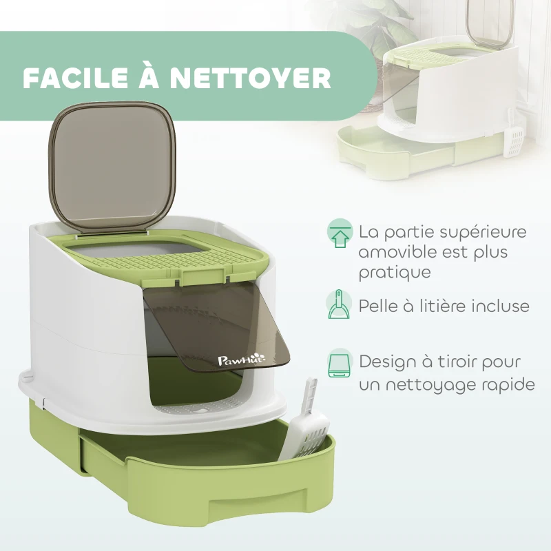 PawHut Maison de toilette pour chat bac à litière fermé chat avec porte translucide pelle incluse 40,5 x 52,5 x 42,5 cm vert