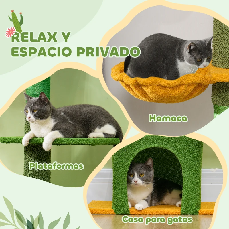 PawHut Árbol para Gatos de Suelo a Techo de 230-275 cm con Altura Ajustable Plataformas Cueva Hamaca Postes Bolas Verde