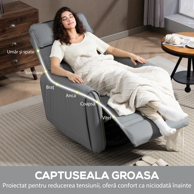 HOMCOM Fotoliu Relax Reglabil Manual cu Suport pentru Picioare, Tapițerie cu Efect de Piele și Bază Rotativă, Gri