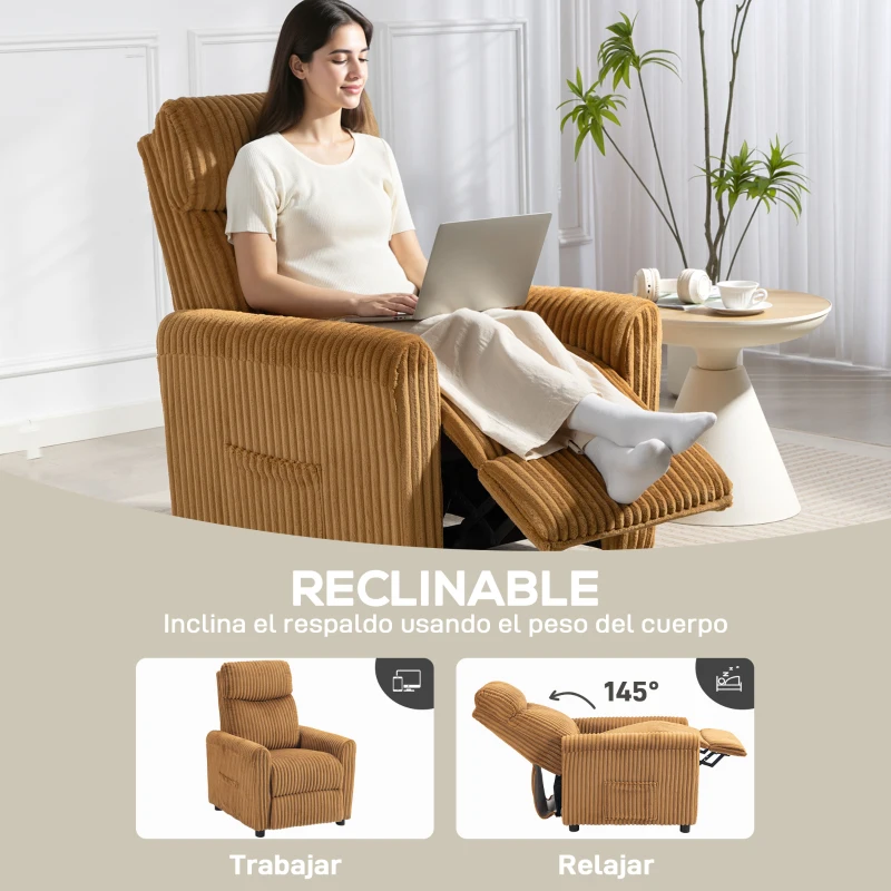 HOMCOM Sillón Relax Reclinable Manual Tapizado en Pana Instalación Rápida Reposapiés Acolchado Grueso Marrón