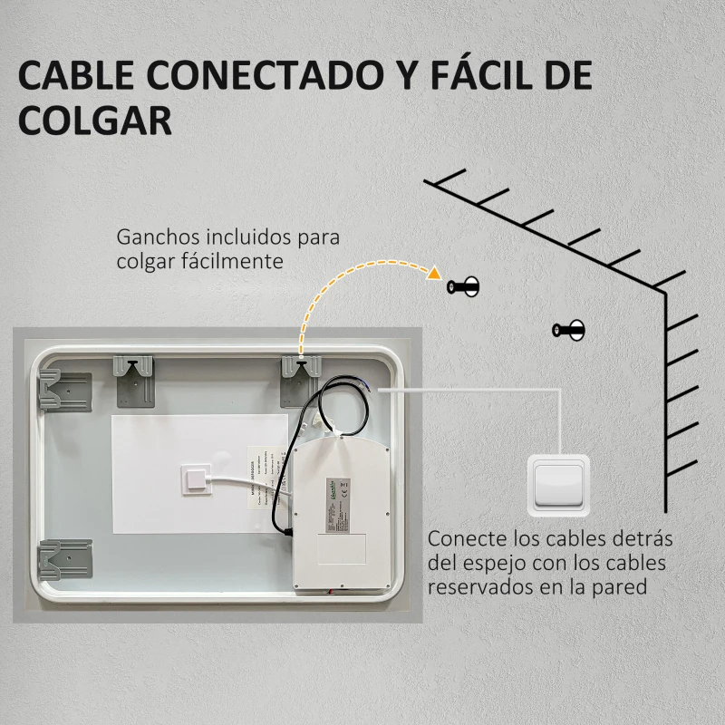 kleankin Espejo de Baño con Luces LED Regulable en 3 Colores 80x60 cm Función Antivaho Función de Memoria Interruptor Táctil