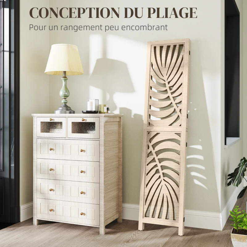 HOMCOM Paravent interieur en bois 3 panneaux 120 x 170 cm, pliable et portable, motif de feuille, design amovible, bois naturel