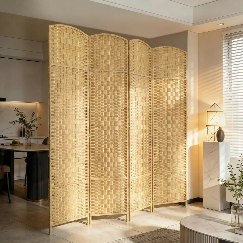 HOMCOM Separador de Ambientes de 4 Paneles Biombo Plegable 180x180 cm Pantalla de Privacidad de Polipropileno Natural