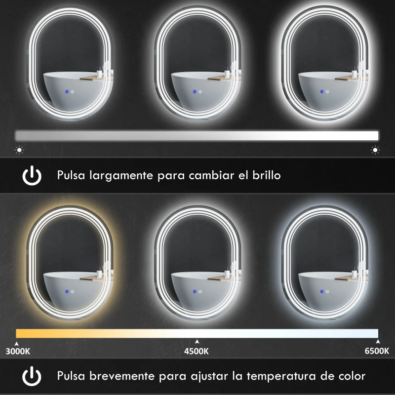 kleankin Espejo Baño con Luz 70x50 cm 3 Colores de Luz, Función Antivaho, Función de Memoria, IP44, Horizontal/Vertical