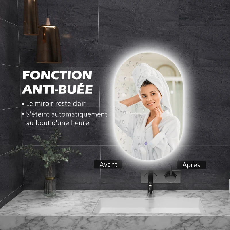 kleankin Miroir ovale mural lumineux LED salle de bain 81 x 51 cm 3 couleurs luminosité réglable interrupteur tactile transparent