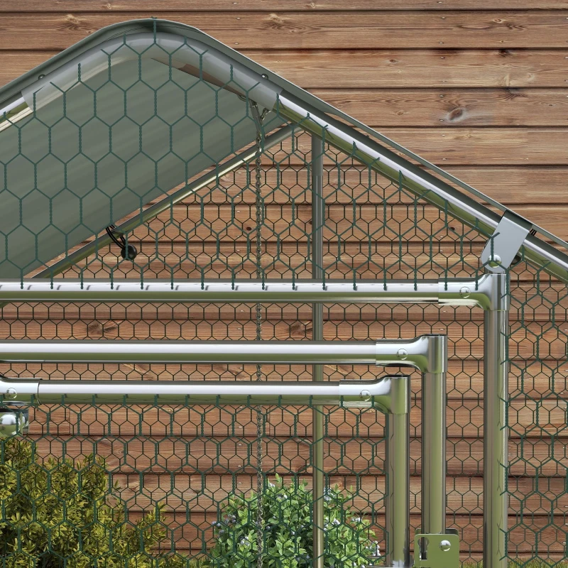 PawHut Galinheiro para Exterior 3x2 m Galinheiro de Aço Galvanizado com Comedouro Suspenso Tipo Espeto Poleiro Anti-UV Prata