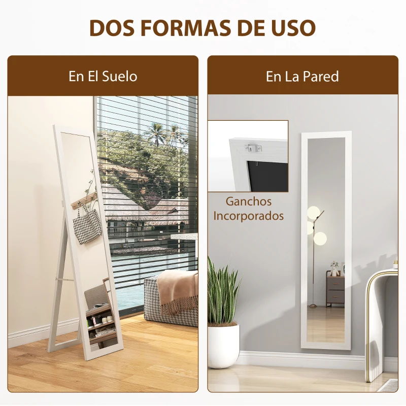 HOMCOM Espejo de Cuerpo Entero 157x37 cm con Marco de MDF Espejo de Pie Inclinado o Colgante Blanco Veteado