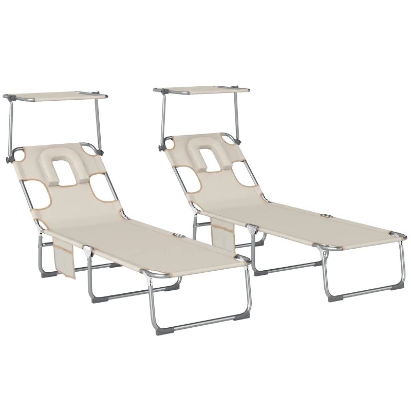 Outsunny Set de 2 șezlonguri pliante reclinabile cu copertină 360° orificiu facial buzunar lateral și Textilene 550 g/m² bej