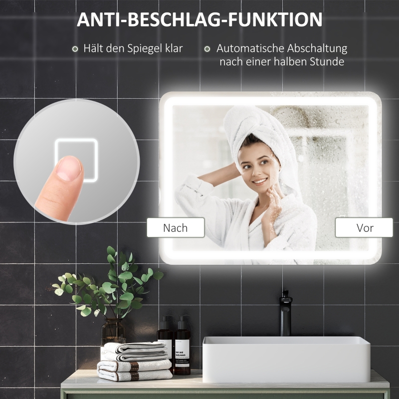 HOMCOM Badezimmerspiegel, beleuchtet, Touch-Steuerung, beschlagfrei, dimmbar, 3 Lichtfarben, 70x90, Silber