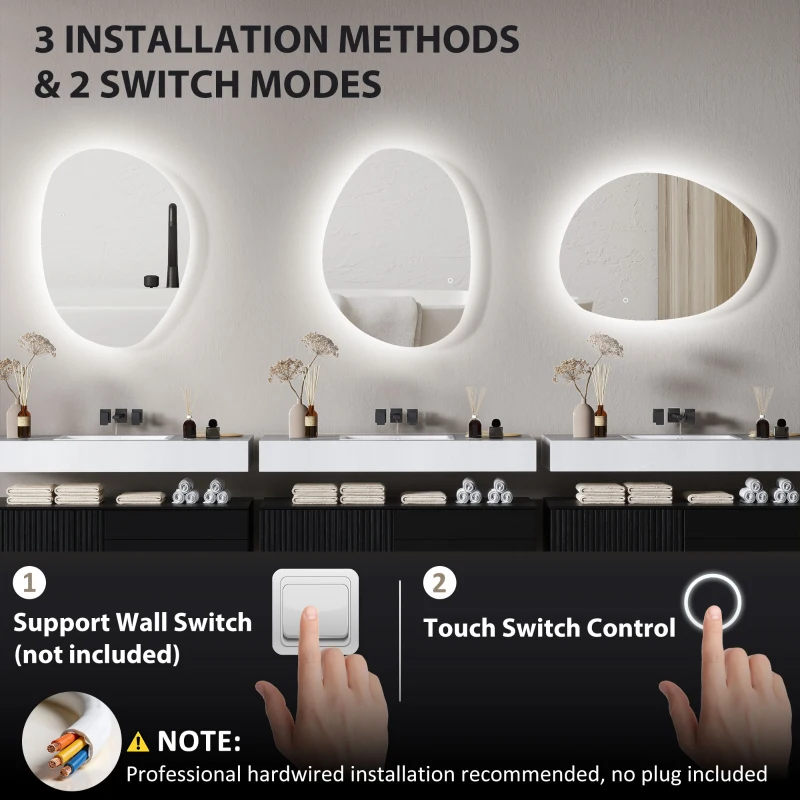 HOMCOM Lustro łazienkowe podświetlane, asymetryczny kształt, 80 x 60 cm, LED, 3 barwy światła, funkcja przeciwmgielna, srebrne