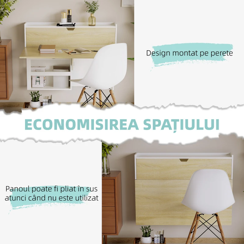 HOMCOM Birou suspendat, pliabil cu compartimente de depozitare pentru spatii mici, alb