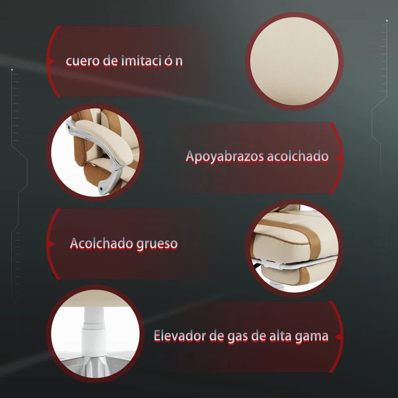 HOMCOM Silla Gamer Reclinable con Altura Ajustable Reposapiés Retráctil Soporte Lumbar y Reposacabezas Desmontable Crema