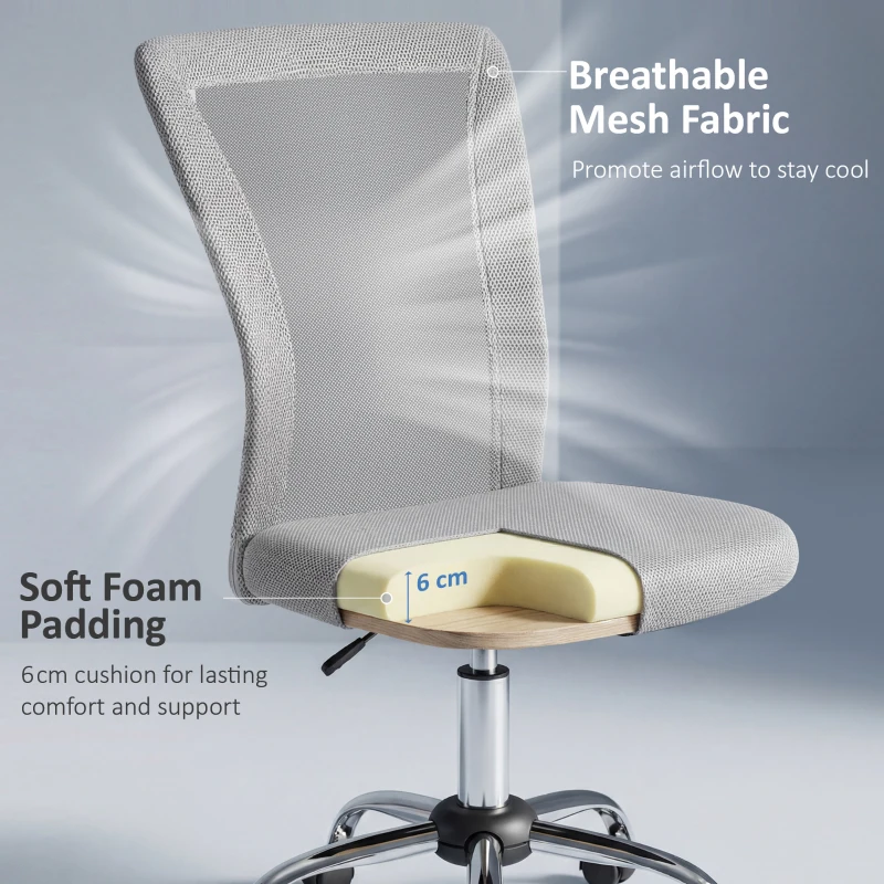 Vinsetto Office Chair, Armless Desk Chair, Adjustable Computer Swivel Chair with Rolling Wheels and Mesh Back for Home Work Study, Grey