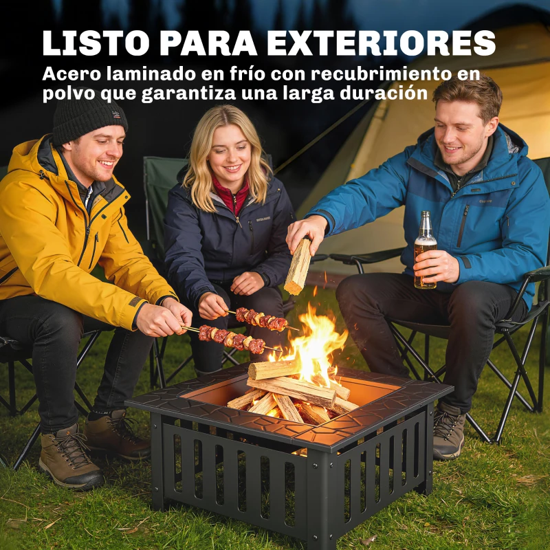 Outsunny Brasero extérieur carré en acier 67x67x47 cm brasero de jardin avec tisonnier couvercle en maille pour fête noir