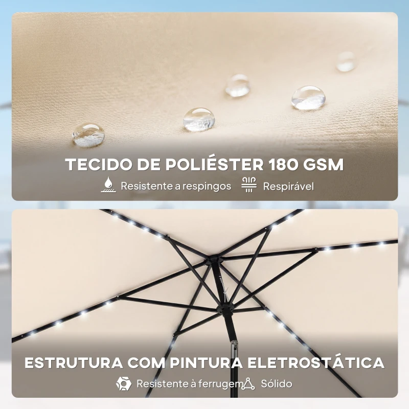 Outsunny Chapéu de Sol de Jardim com 24 Luzes LED Solares Cobertura Inclinável Poste Metálico 29x25 m Creme