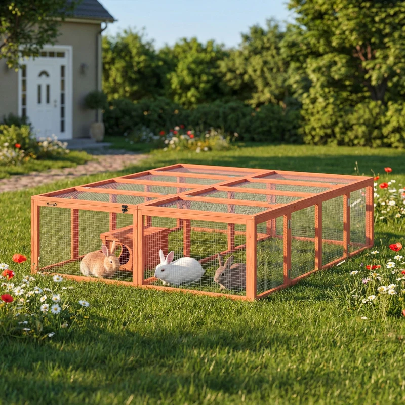 PawHut Enclos d'extérieur pour lapins en bois avec 2 portes maisonnette pour 2-4 lapins nains 180,4 x 150 x 48 cm Orange