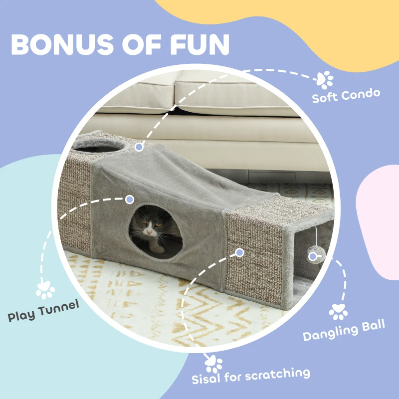 PawHut Tunel dla kotów, 2 kocie jaskinie, Miejsca drapakowe i zabawka piłkowa, 98 cm x 30 cm x 30 cm, Brąz + Beż