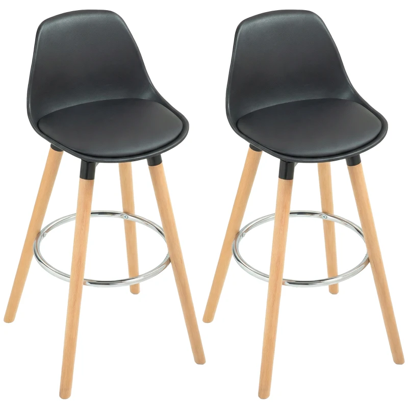 HOMCOM Juego de 2 Taburetes Altos de Cocina 69 cm Tapizado en PU con Respaldo Patas de Madera para Comedor Negro