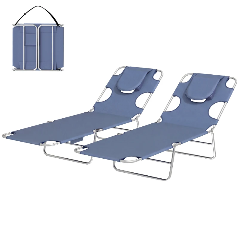 Outsunny 5-Position Adjustable Sun Loungers Set of 2 with Reading Hole and Side Pocket, Grey