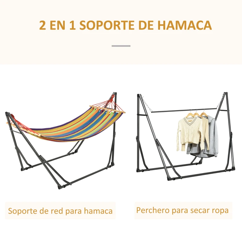 Outsunny Hamaca con Soporte Plegable 2 en 1 Tendedero con Barra Estructura de Acero para Jardín 270x100x94 cm Multicolor