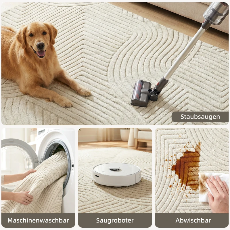 HOMCOM Maschinengewebter Teppich, 15 mm hoch, vielseitig einsetzbar, rutschfest, Cremeweiß