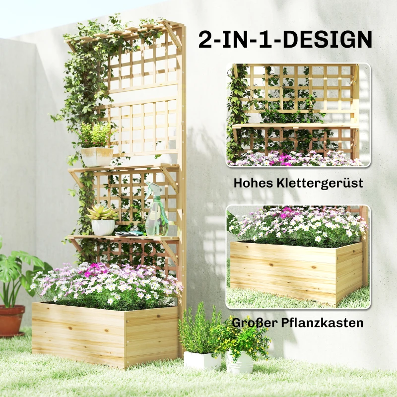 Outsunny Hochbeet mit Rankgitter & hängendem Dach, Holz Blumenkasten mit 2 Regalen Ablauflöchern 76 x 43,5 x 177 cm