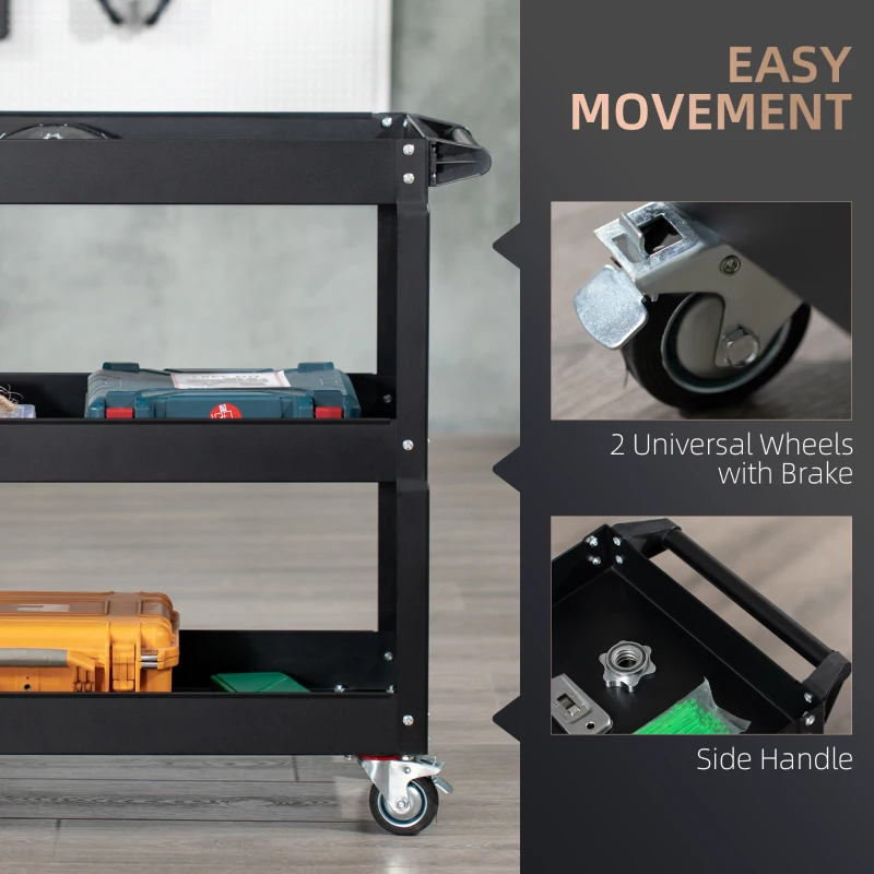 DURHAND Wózek warsztatowy 3-półkowy, 150 kg, czarny, pusty