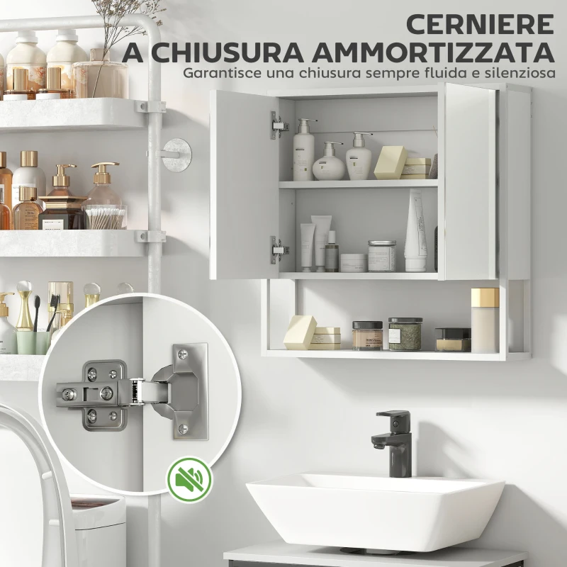 HOMCOM Mobile Bagno a Parete con Specchio, Armadietto con Mensola Regolabile e Ripiano Aperto, 60x16x60 cm, Bianco