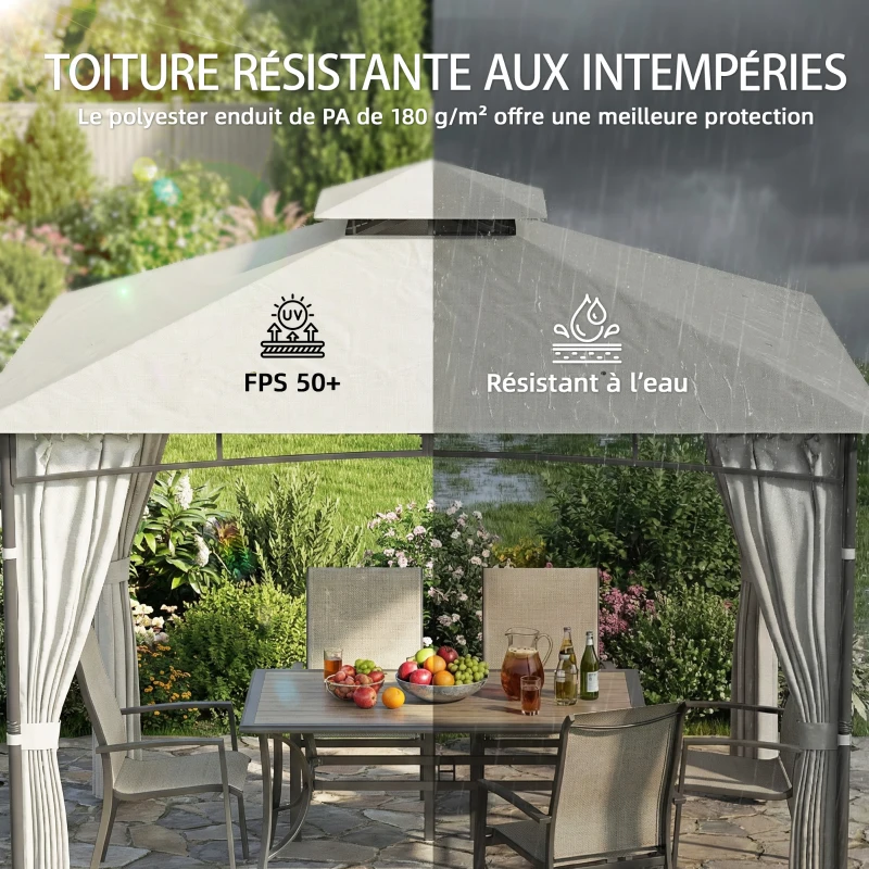 Outsunny Tonnelle de Jardin Extérieur Cadre de Toit Rétractable et Double Toit UV50+Imperméable 3x3m Crème