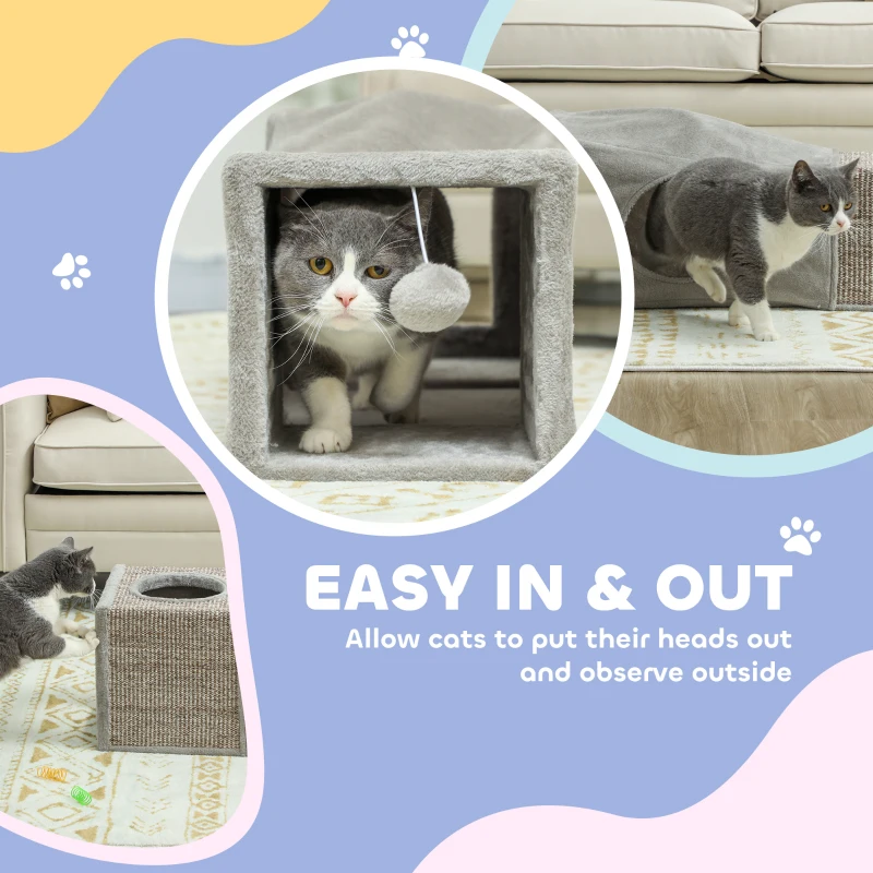 PawHut Tunel dla kotów, 2 kocie jaskinie, Miejsca drapakowe i zabawka piłkowa, 98 cm x 30 cm x 30 cm, Brąz + Beż