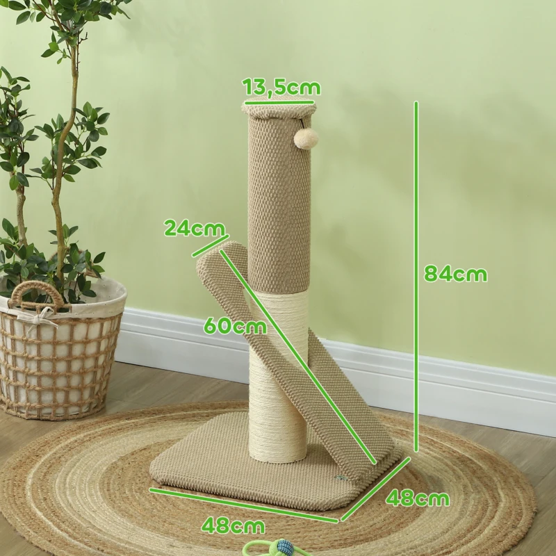 PawHut Cat Scratching Post, 84 cm Cat Scratcher Post Pad with Toy Ball, for Indoor Kittens, Light Brown