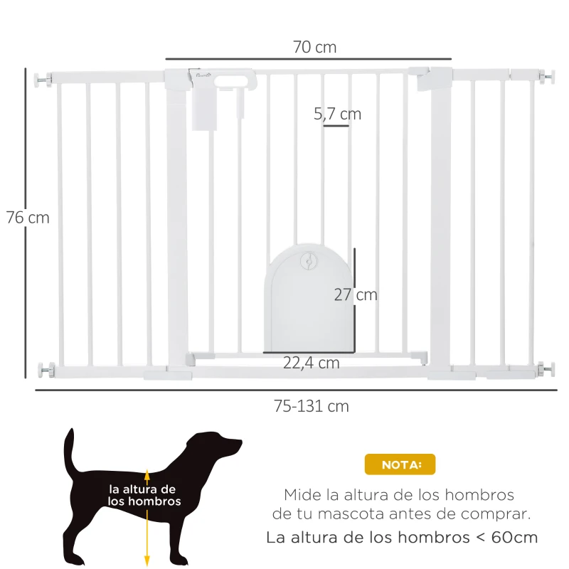 PawHut Barrera de Seguridad para Perros con Puerta Pequeña para Escaleras y Puertas 75-131 cm con 3 Extensiones Blanco