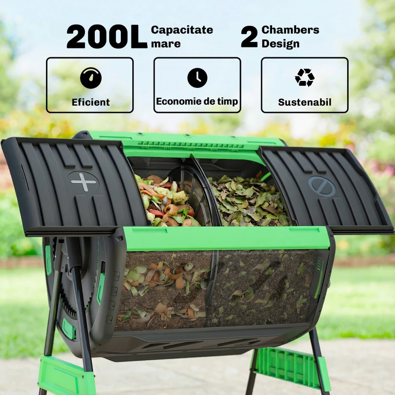 Outsunny Compostor de grădină, compostor rotativ cu două camere, 200L, negru