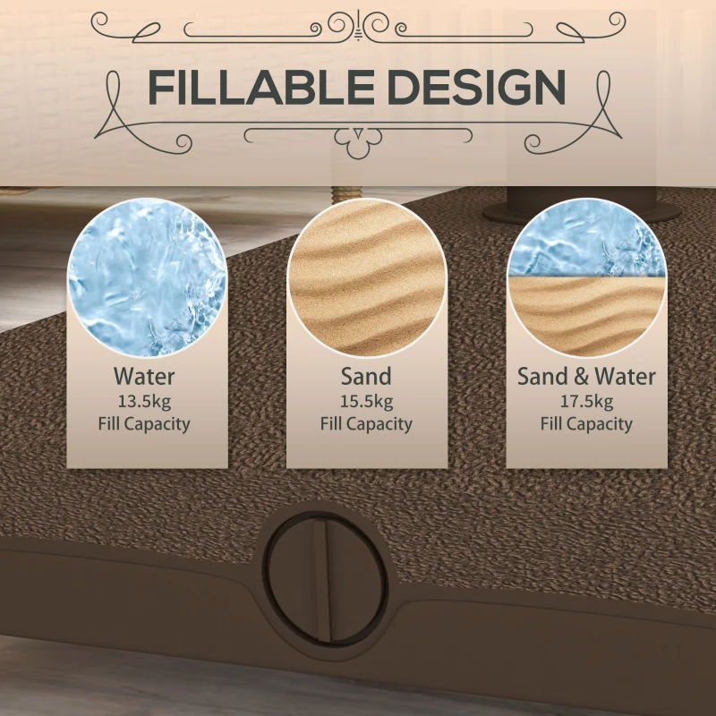 Outsunny Stojak na parasole do 20 kg, wypełniany, kwadratowy stojak z kółkami, dla parasola 22-38 mm, brązowy