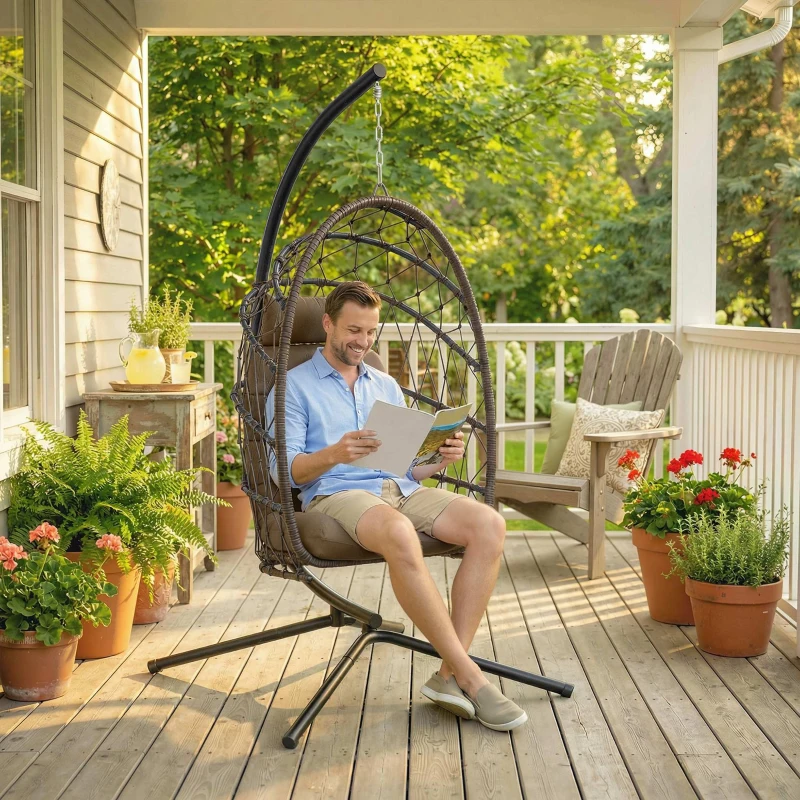 Outsunny Silla Colgante Huevo con Soporte Cesta Plegable Cojín Reposacabezas Funda Protectora y Cuerda Carga 120 kg Marrón