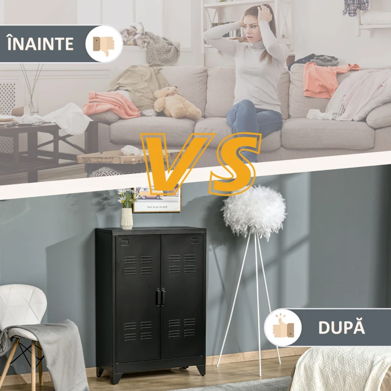 HOMCOM Dulapior Multifunctional cu 2 Usi Stil Industrial, Dulapior Metalic pentru Casa si Garaj - Gri