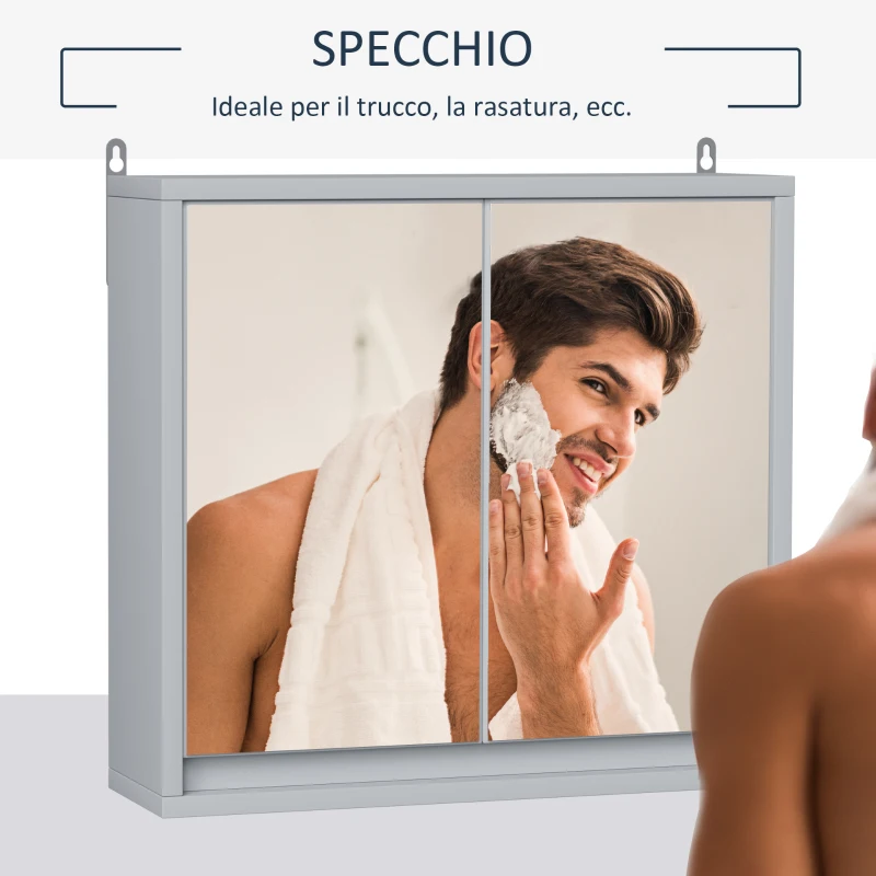 HOMCOM Armadietto Bagno con Specchio a 2 Ante, Specchio Bagno Contenitore con Ripiano Regolabile in Legno, 48x14.5x45cm, Grigio