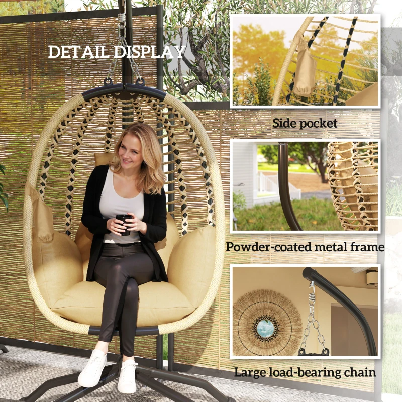 Outsunny Fotel Wiszący z Ramą, Składany Jajowaty Fotel Huśtawka z Praniem, Uchwyt na Napoje, Lina Zabezpieczająca, Beżowy