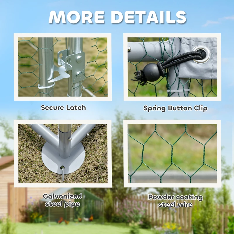 PawHut wybieg dla kur 3x1,7x1,9 m z możliwością wejścia, ocynkowana stal, wytrzymały wybieg z wodoodpornym dachem UV, zamykane drzwi, dla królików, kaczek, gęsi, srebrny