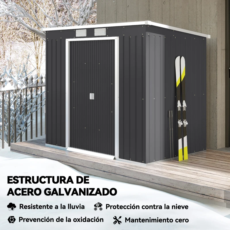 Outsunny Cobertizo de Jardín Exterior 2,4 m² 213x130x172 cm con Puerta Corredera Techo Inclinado Base sin Suelo y Ventanas Gris