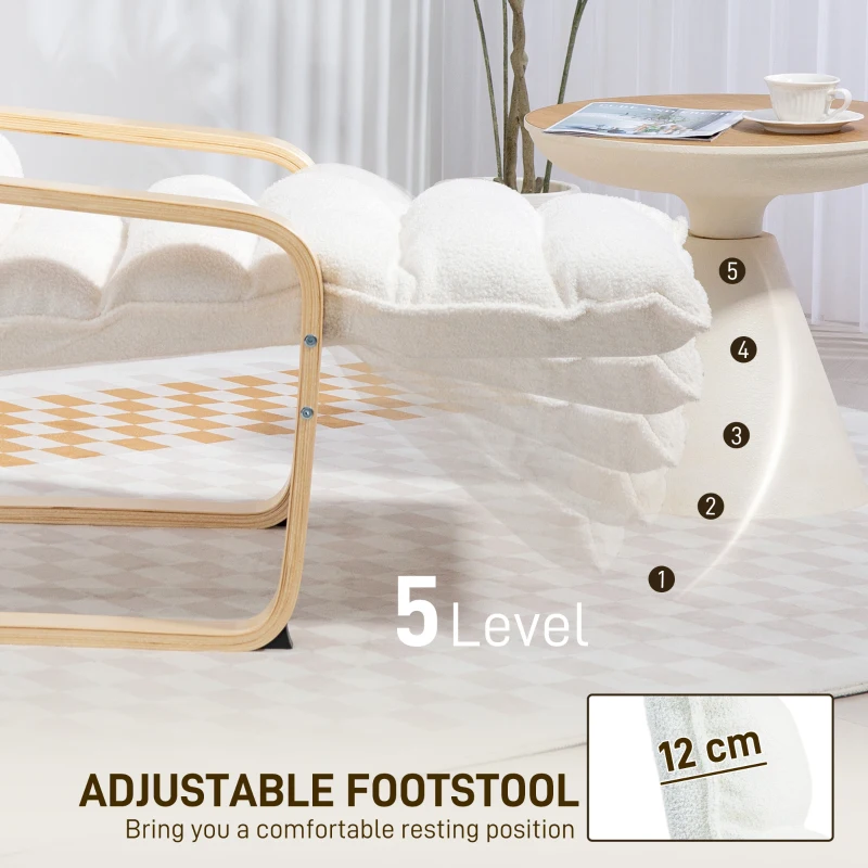 HOMCOM Birch Wood Lounge Chair, Upholstered Recliner Lounge Seat with Adjustable Footrest, Modern Armchair for Living Room, Bedroom, Balcony, Office, White