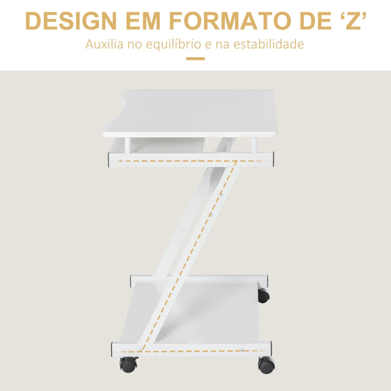 HOMCOM Mesa de Computador com Rodas 60x48 cm com Gaveta Deslizante para Teclado e Prateleira Inferior Estrutura Metálica Branca