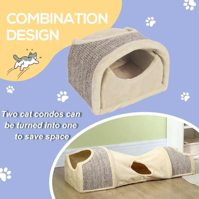 PawHut Cat Play Tunnel with 2 Condos, Hide and Seek Pet Toys for Indoor Kittens with Multiple Entrances, Sisal Material, Beige