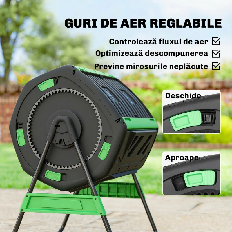 Outsunny Compostor de grădină, compostor rotativ cu două camere, 200L, negru