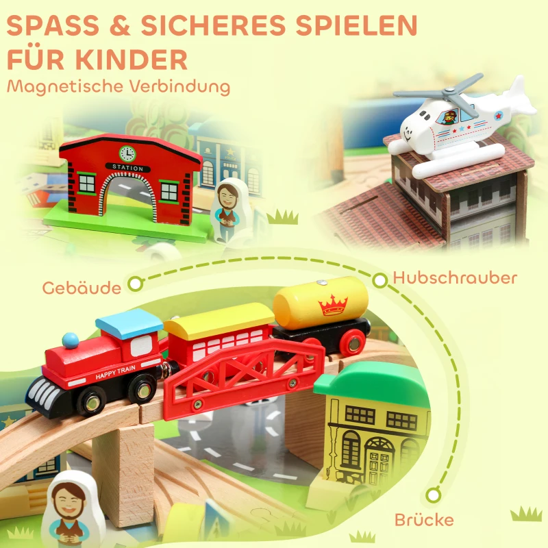 AIYAPLAY Spieltisch, 108-teiliges Eisenbahn-Set aus Holz, mit abnehmbarer Tischplatte, Eisenbahntisch, 98x60,5x40 cm, Blau