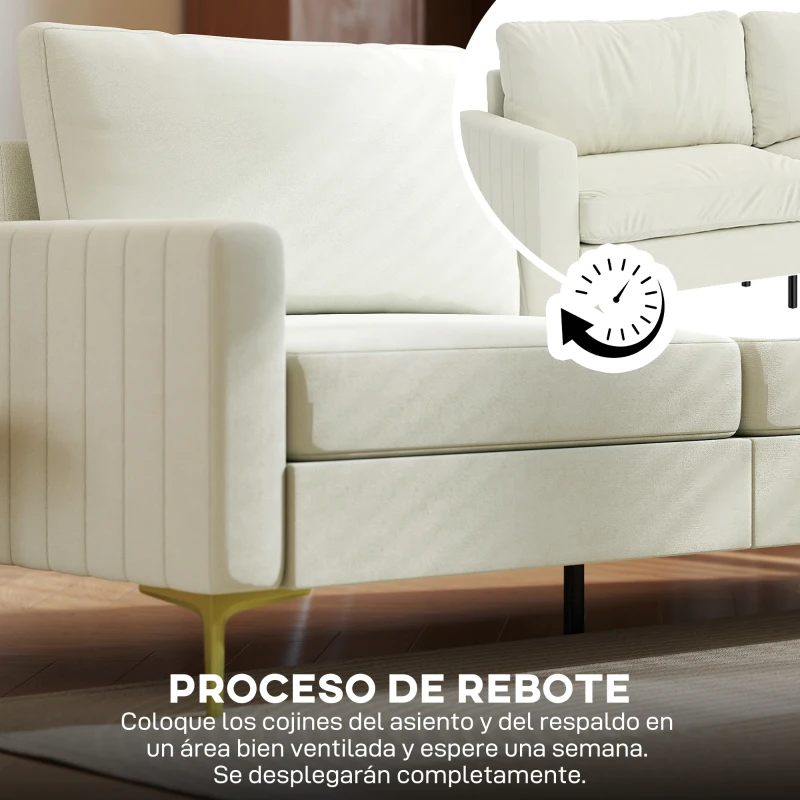 HOMCOM Sofá de 3 Plazas de 181 cm Tapizado en Terciopelo con Cojines Gruesos Patas de Metal Blanco Crema