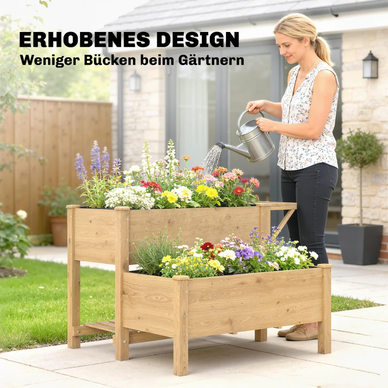 Outsunny Hochbeet 2-stufig erhöhter Pflanzkasten mit Vliesstoff Abflussloch, Holz 119,5 x 102 x 76,5 cm Hellbraun