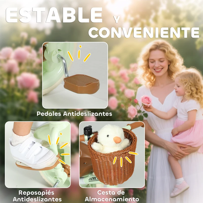 AIYAPLAY Triciclo para Bebés 2 en 1 para 2-5 Años con Barra Parental Pedales Antideslizantes, Reposapiés Plegables y Cesta Verde